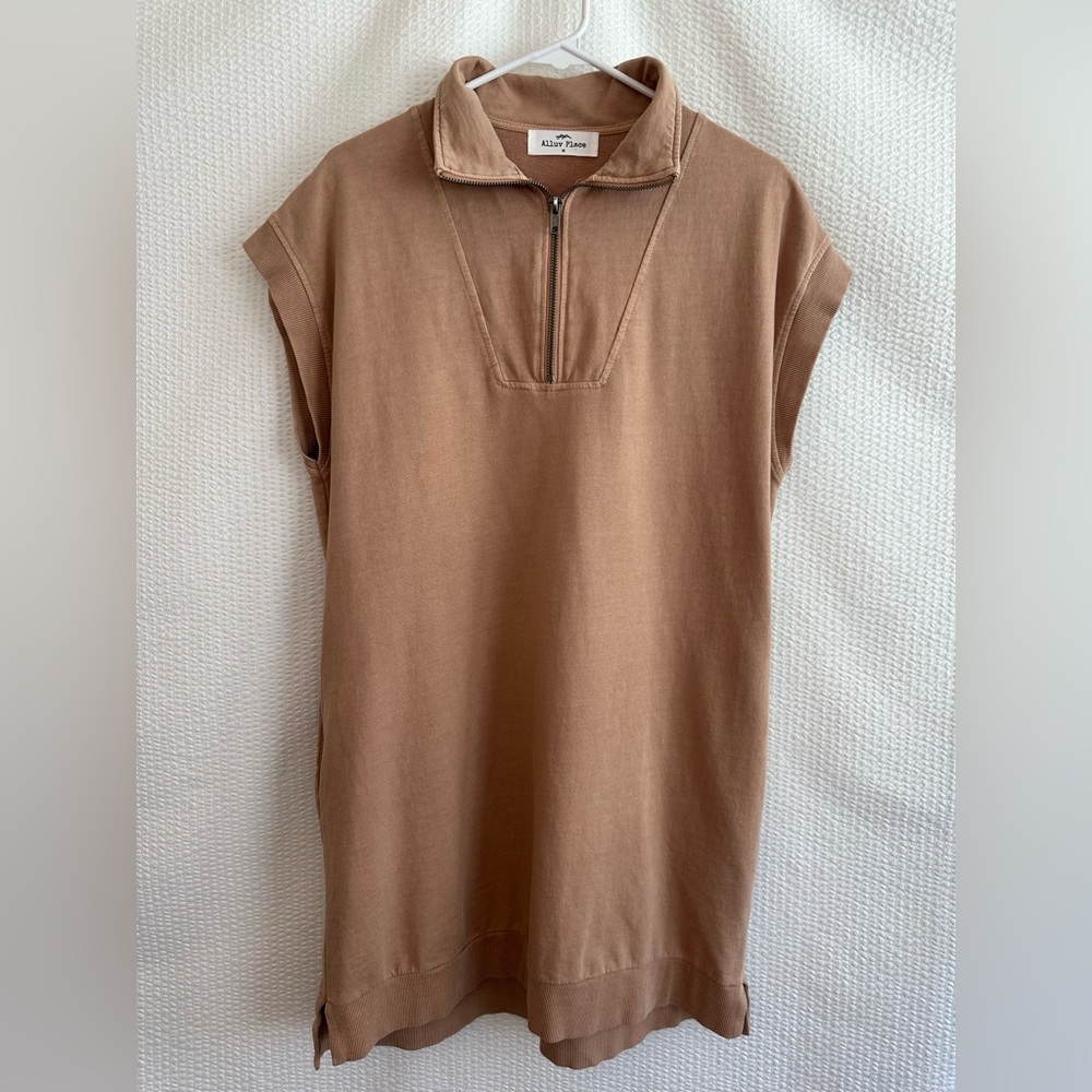 Alluv Place Tan French Terry Half Zip Mini Dress Cap Sleeve Pockets Medium